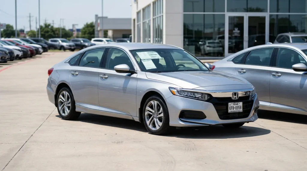 Honda Accord sedan with Texas license plate parked at dealership lot