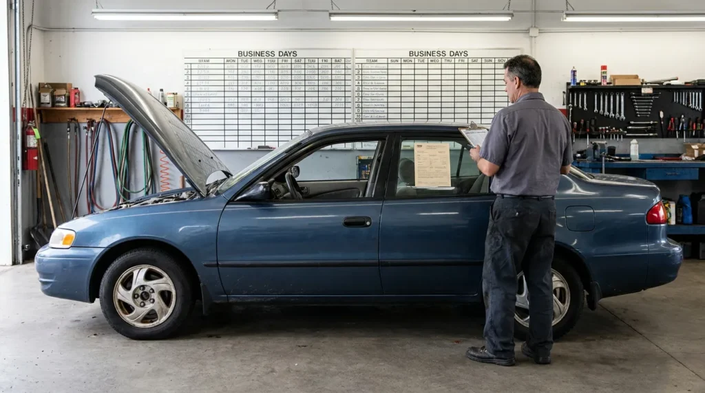 mechanic holding clipboard inspecting sedan with open hood in auto repair shop