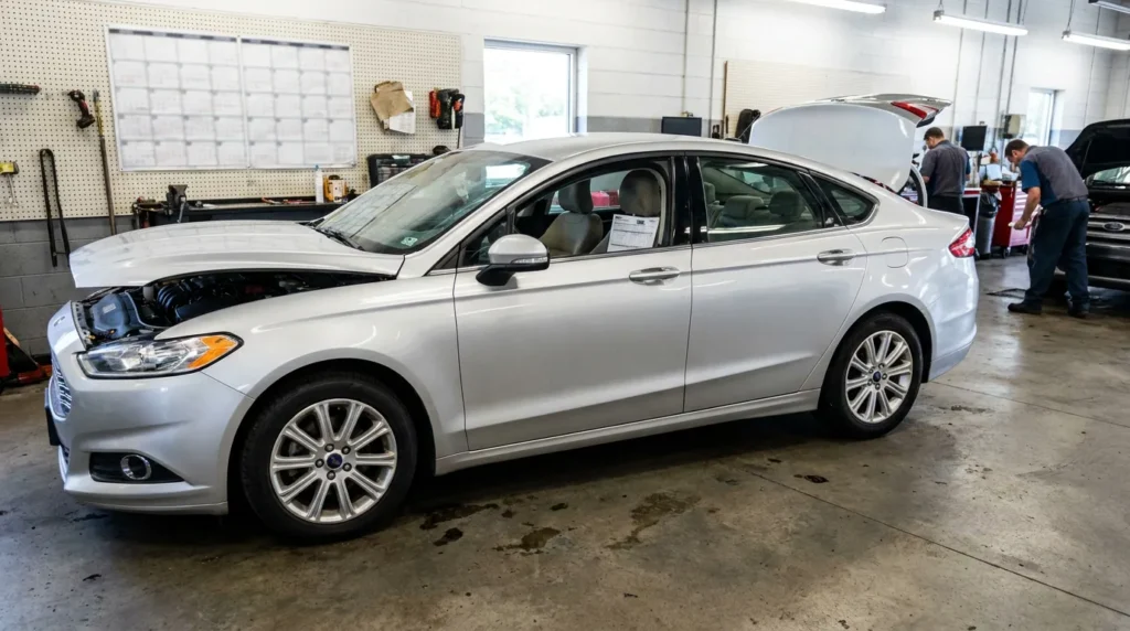Ford Fusion sedan with hood open inside automotive repair shop with mechanics working