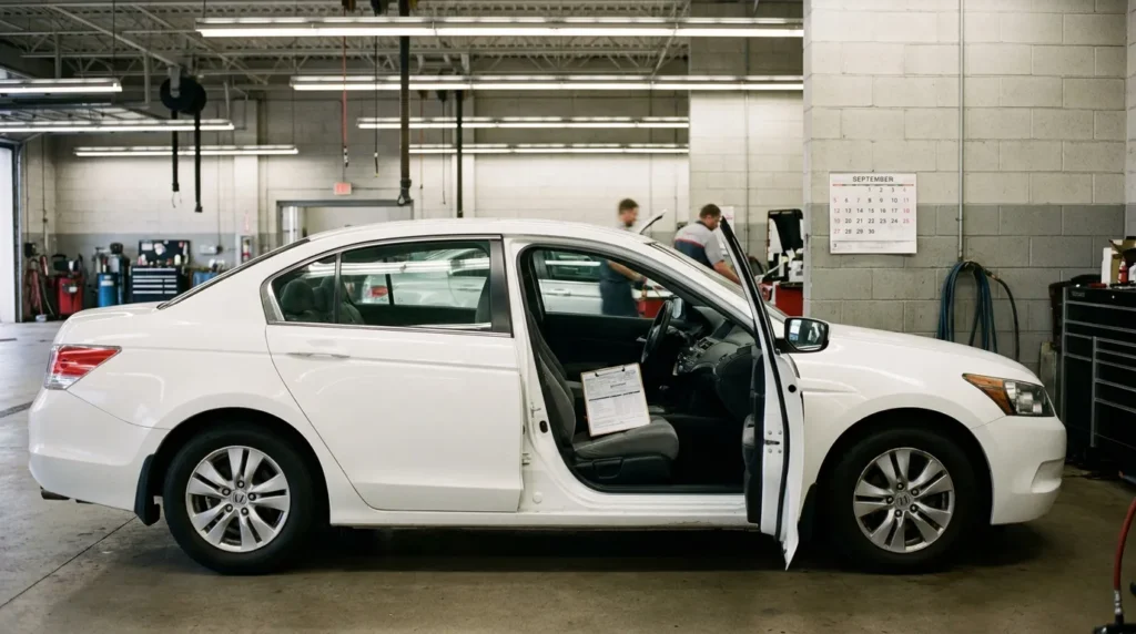 Honda sedan with open door and clipboard on seat inside auto repair shop