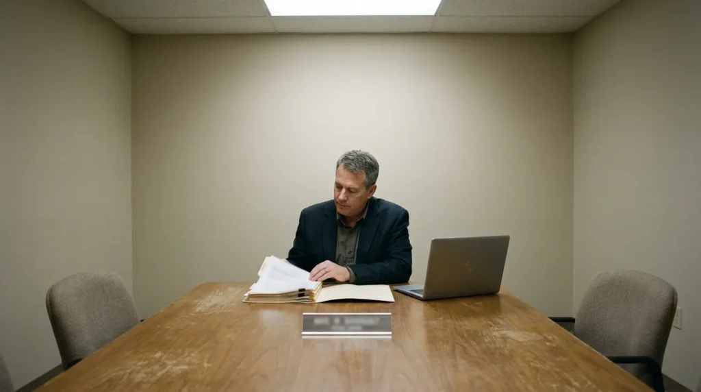 attorney reviewing case files and open folder at conference room table with laptop