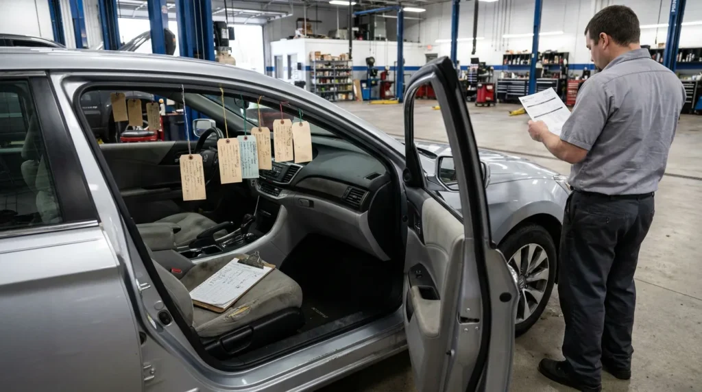 mechanic reviewing document beside open car door with hanging inspection tags
