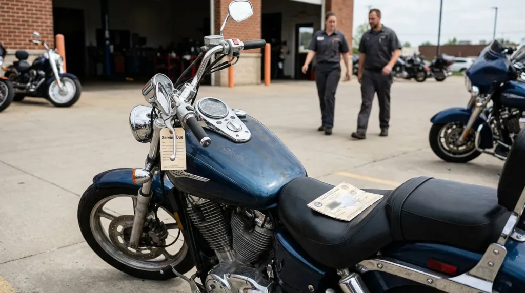 motorcycle with Service Due tag and document on seat outside repair shop