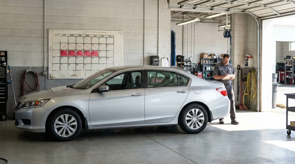mechanic writing on clipboard next to sedan inside auto repair garage