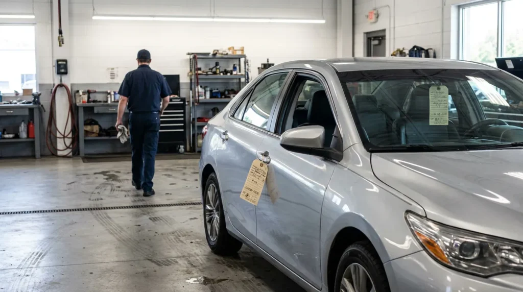 sedan with repair tags inside auto shop while mechanic walks toward workbench