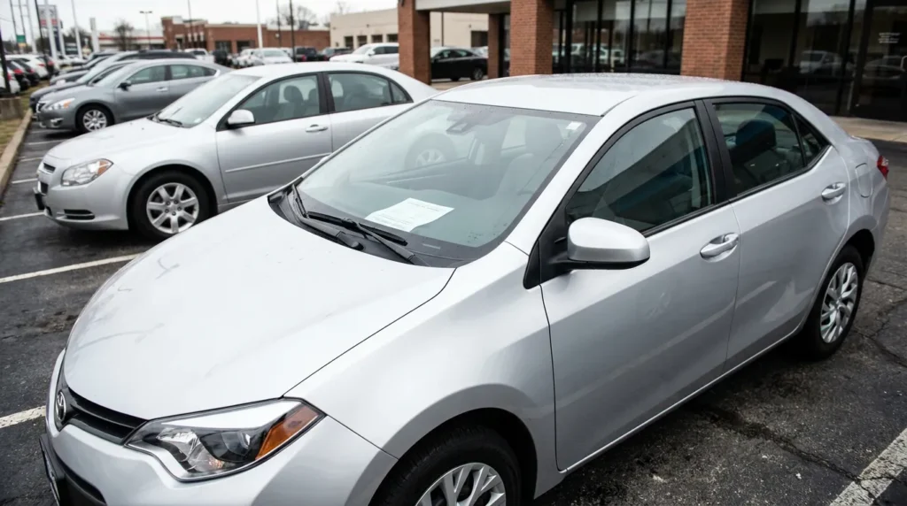 Toyota sedan with window sticker displayed in car dealership parking lot